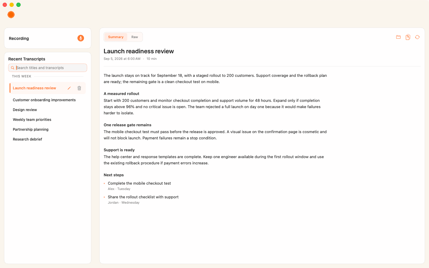 Commander Brief showing a fictional meeting summary, decisions and next steps, with Summary and Raw views.